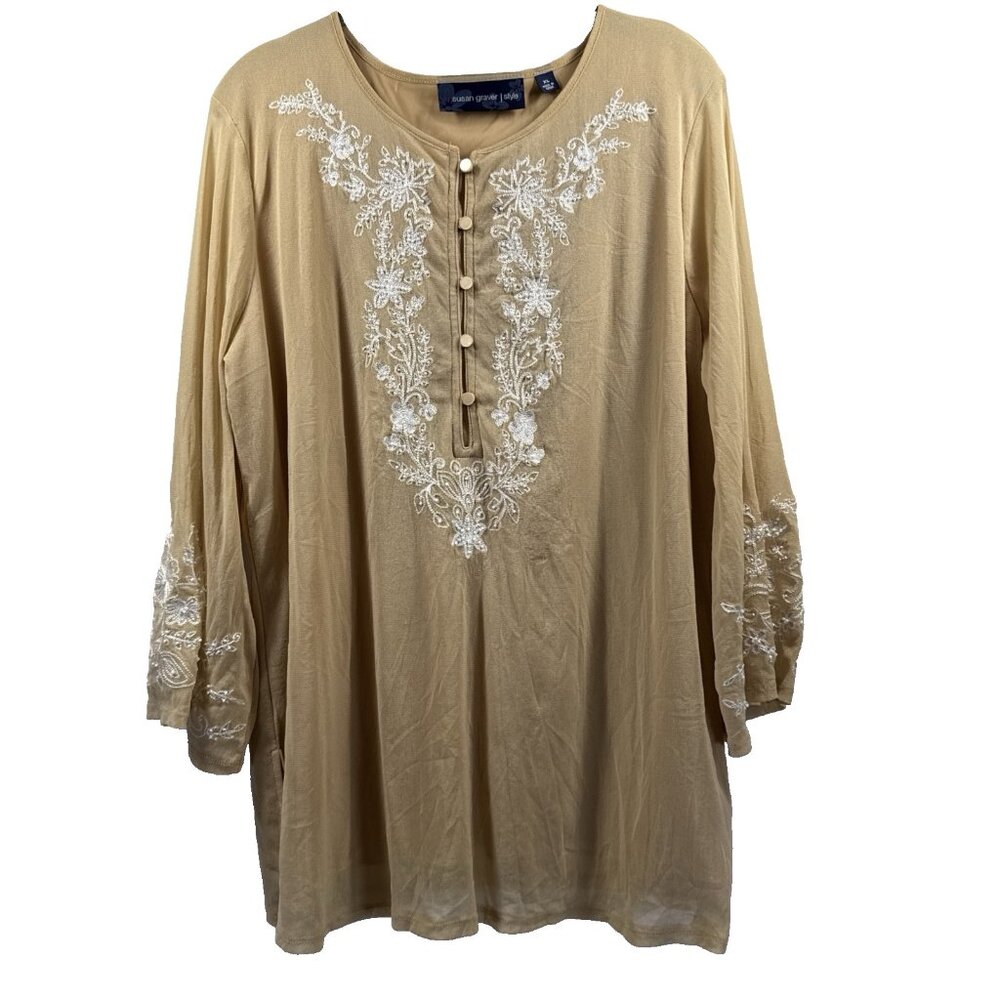 Susan Graver Top Plus XL Tan White Embroidered Bead Mesh Lined Sheer Bell Sleeve